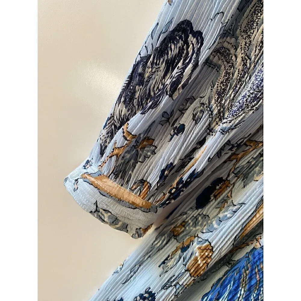 Tory Burch Deneuve Paisley Dress Size 0 Blue Crinkle Floral Ruffle Long Sleeve - Picture 7 of 14
